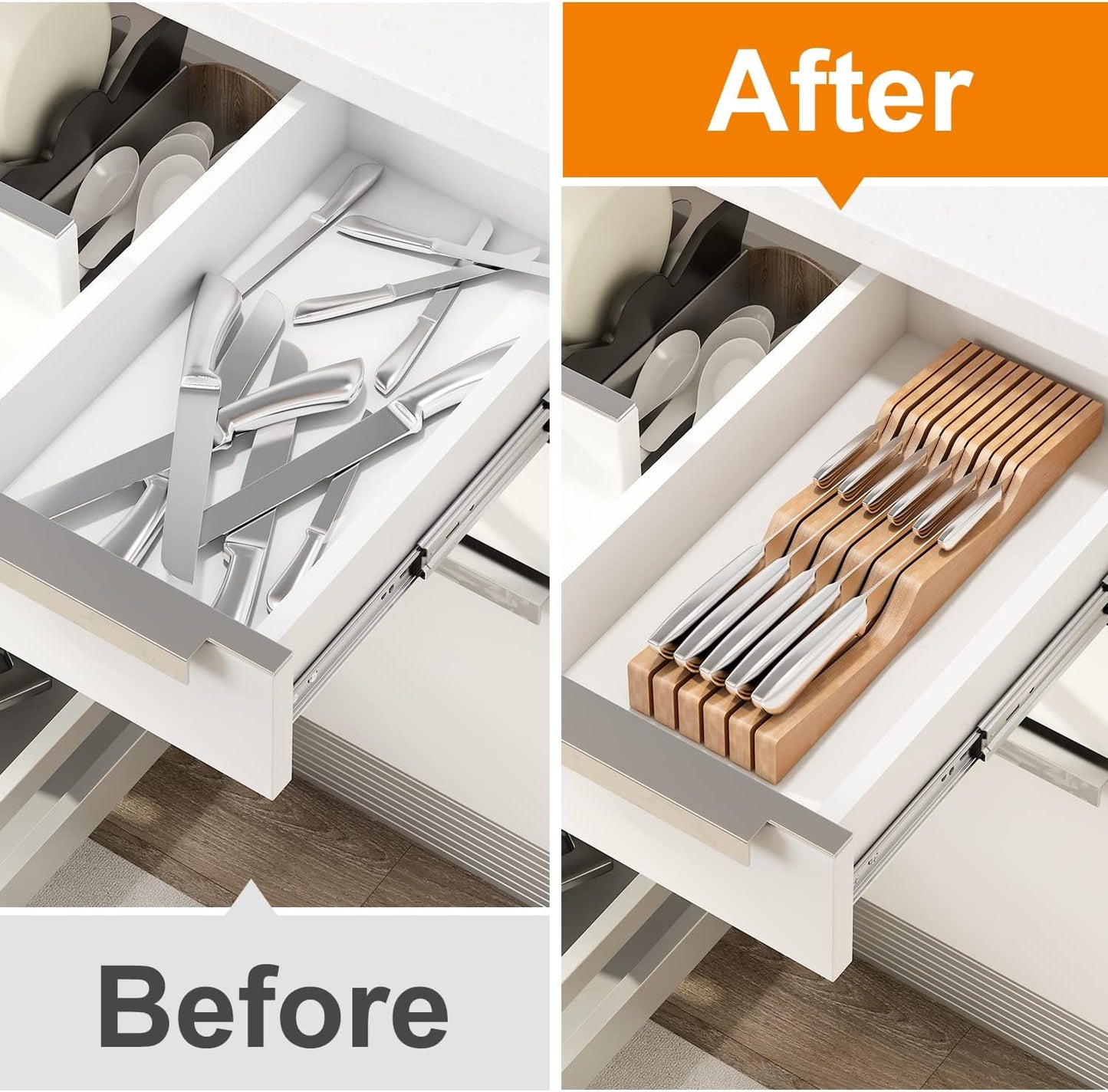 In-Drawer Knife Block Organizer - Bamboo Wood Drawer Knife Organizer-Protecting Knife Organizer Block (Not Included) (Natural, 11 Knives Dock)