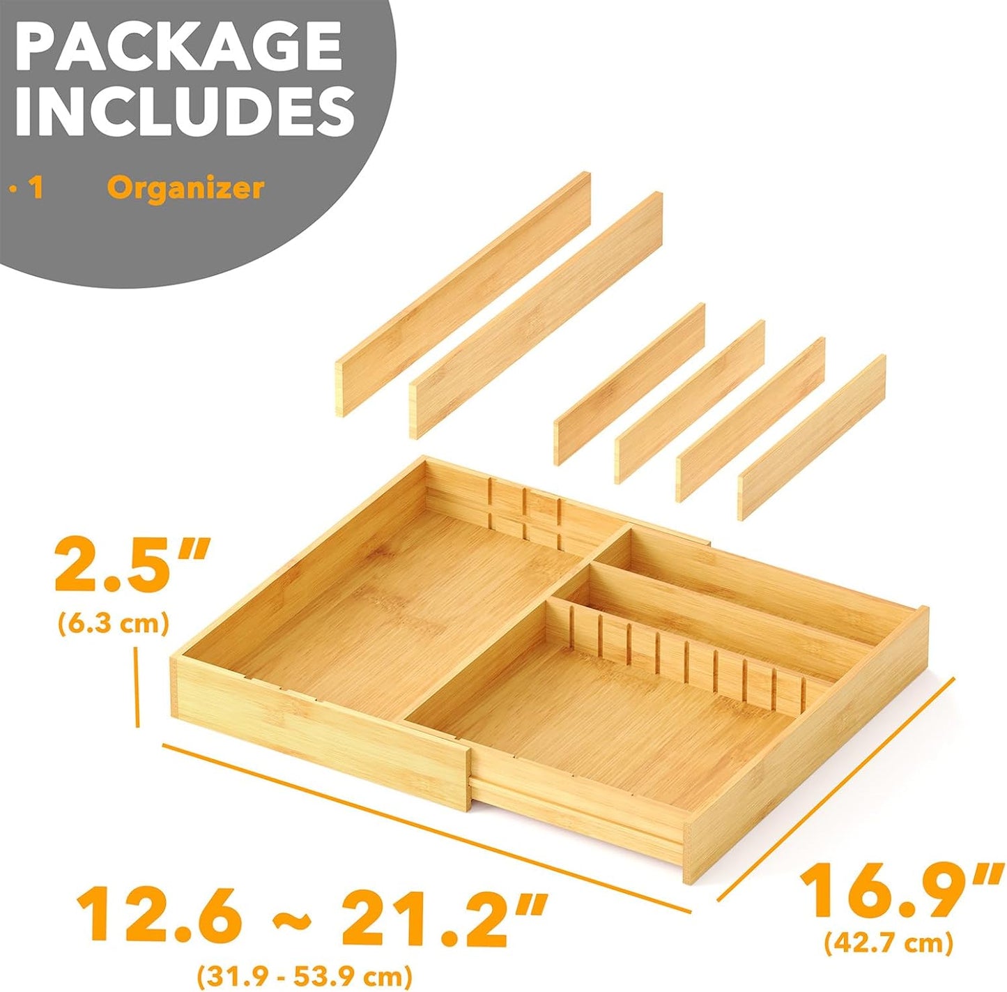 2.5" High Bamboo Silverware Drawer Organizer with Labels
