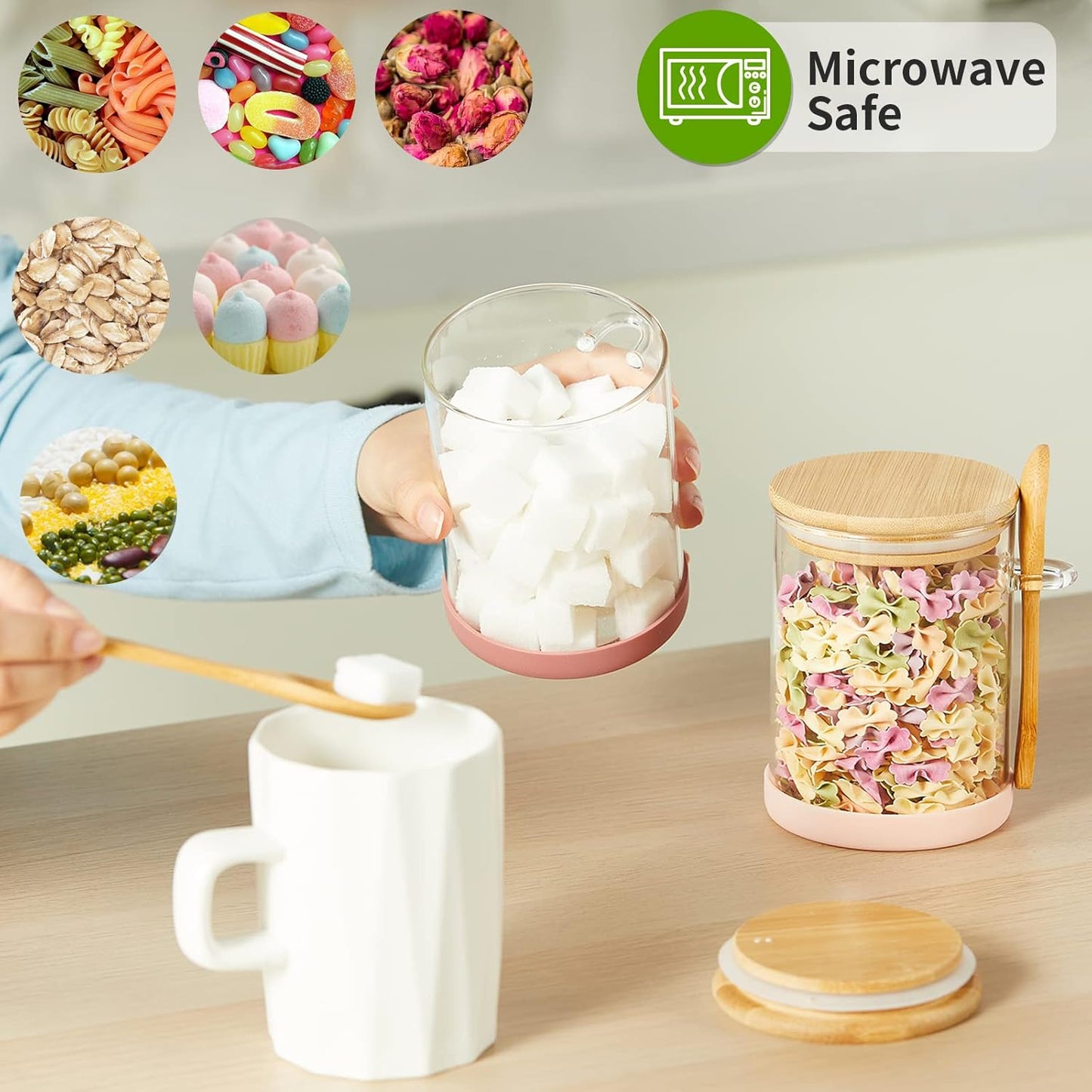Set of 4 Airtight Glass Jars with Bamboo Lids & Spoons