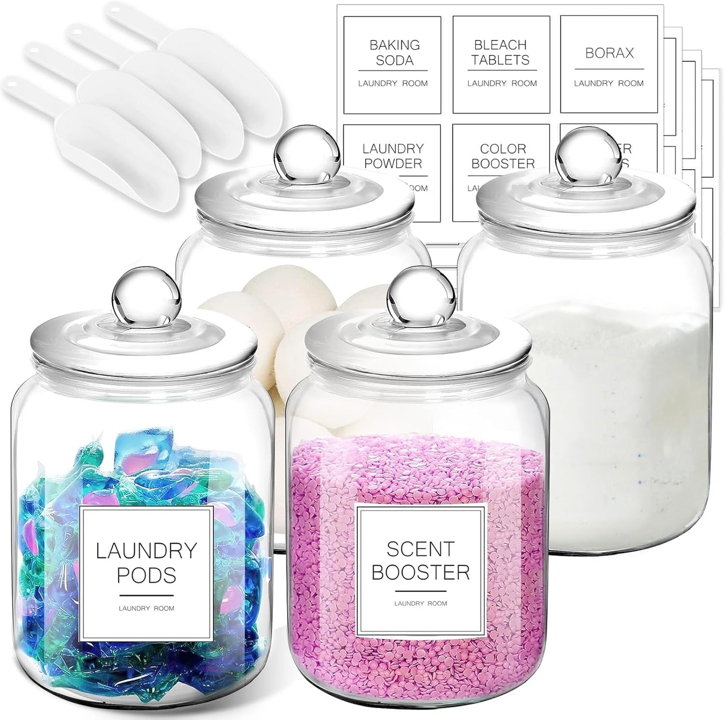 Half Gallon Glass Jars - Large Airtight Containers with Scoop and Labels for Organization and Storage Laundry, Bath Room, Kitchen and Pantry Holder