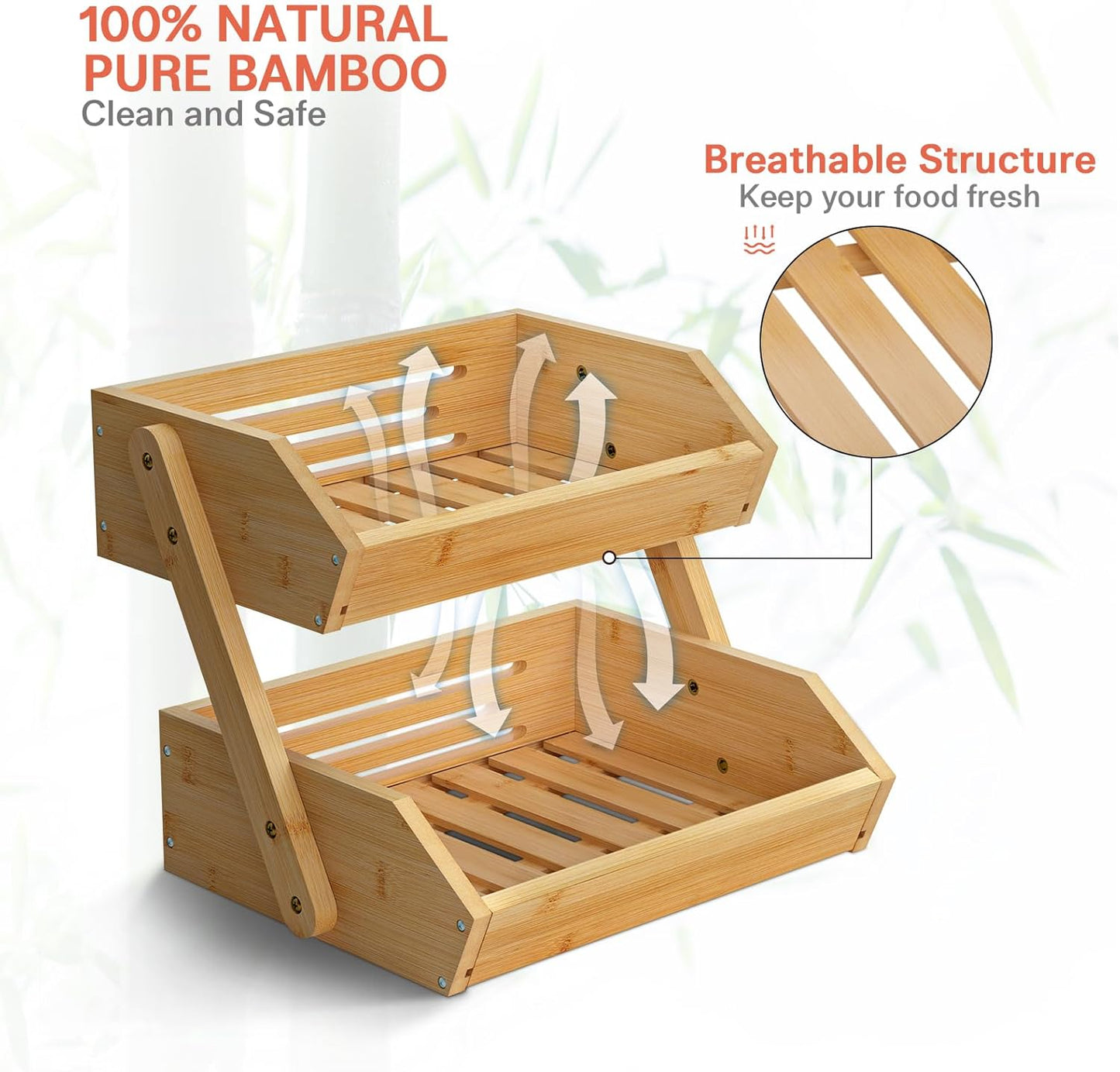 Large Bamboo Fruit Basket, 2-Tier Fruit Bowl for Kitchen Counter