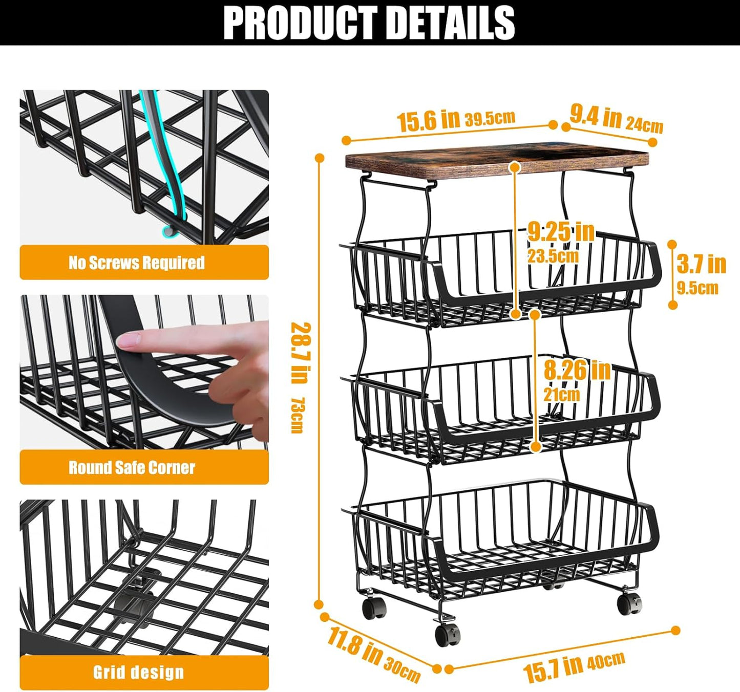 Fruit Vegetable Basket for Kitchen, 4 Tier Stackable Fruit Vegetable Storage Baskets with Wheels