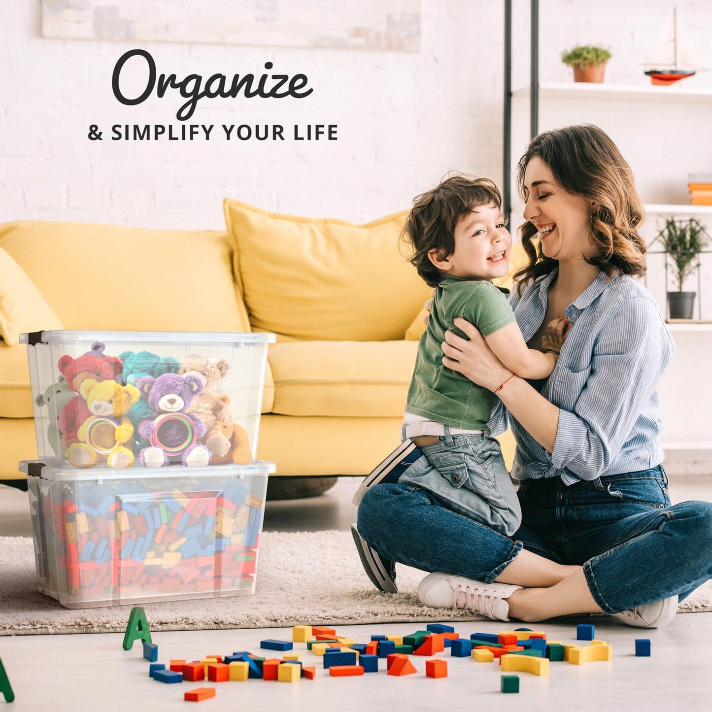 6 PACK 34 Qt. Plastic Storage Bin Tote Organizing Container with Ultra Durable Lid & Secure Latching Buckles Stackable Extra Strength Clear w/Black Handle