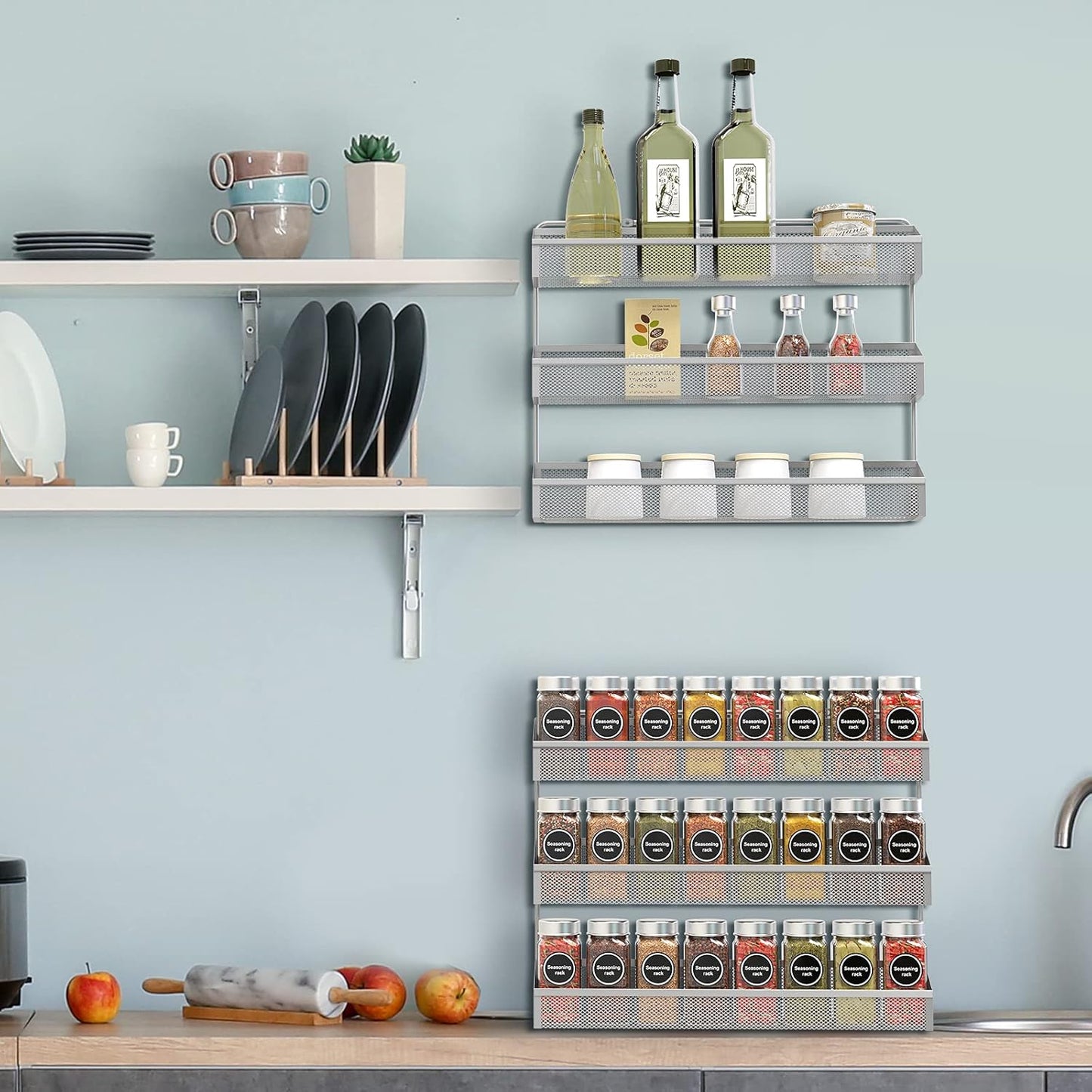 2 Pack Spice Rack Organizer, 3 Tier Counter-top Stand or Wall Mounted Storage Rack Hanging Shelf for Kitchen Cabinet, Cupboard, Pantry Door or Bathroom Shower Cosmetic - Chrome