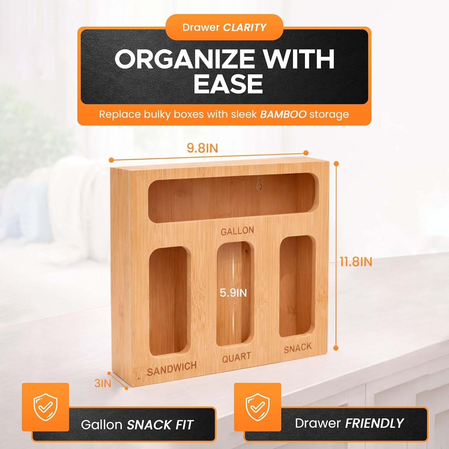 Earth’s Dreams Bamboo Kitchen Drawer Organizer – Resealable Food Storage Bag Holder for Gallon