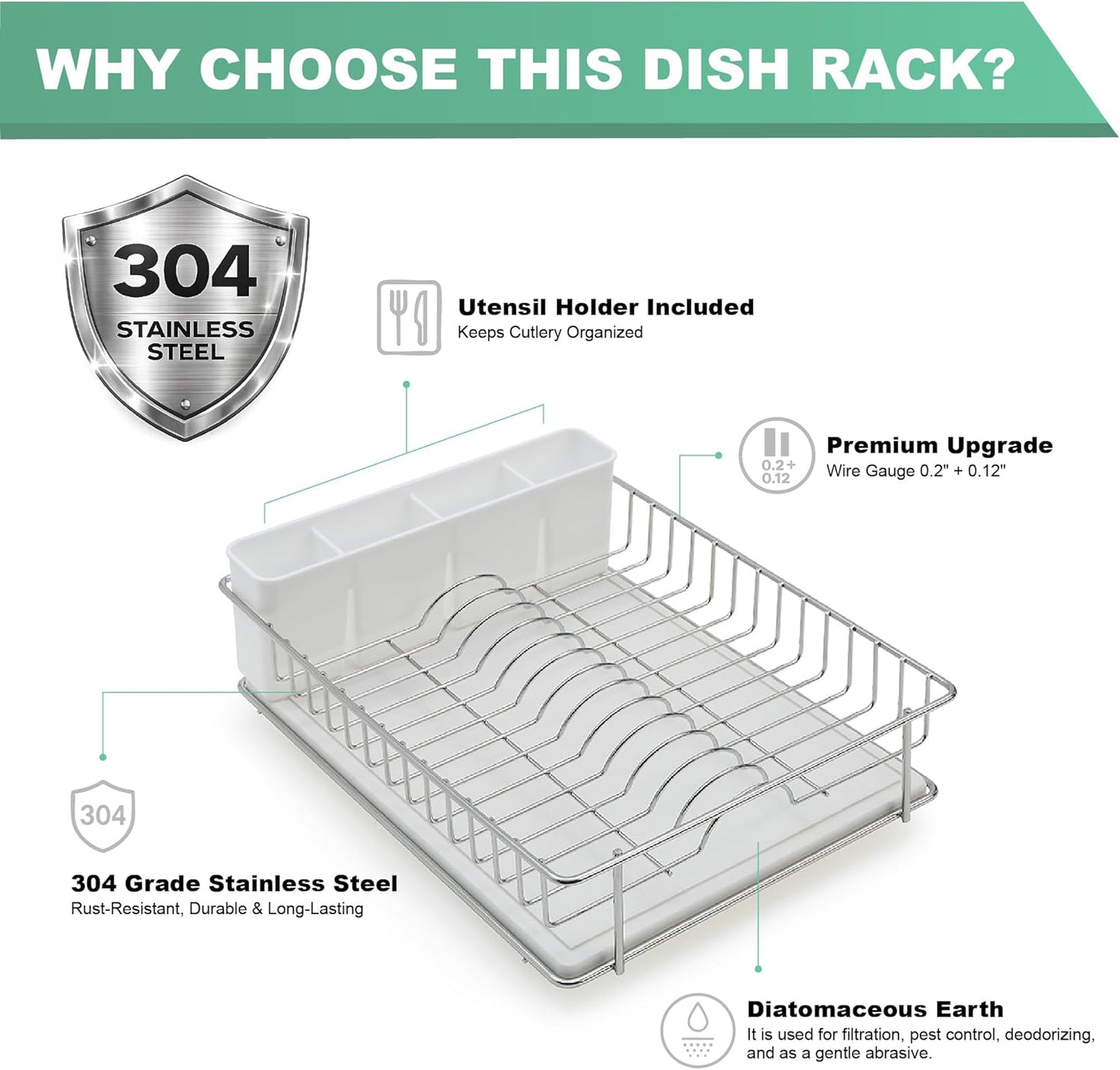304 Stainless Steel Dish Drying Rack with Diatomaceous Earth Drainboard & Removable Utensil Caddy – Rust Resistant Countertop Dish Rack for Kitchen (Silvery-Grey)