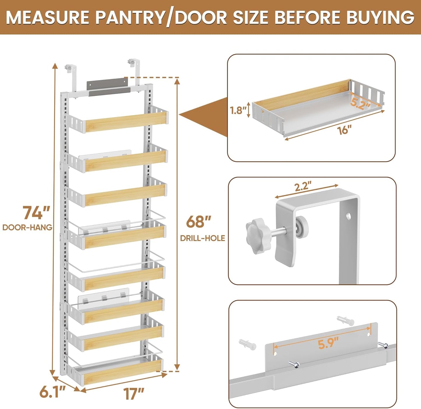8 Tier Over The Door Pantry Organizer, 2 IN 1 Wall Mount or Hanging Spice Rack Seasoning Shelves with Adjustable Basket, Back of Door Organizer and Storage for Kitchen Cabinet and Room Closet