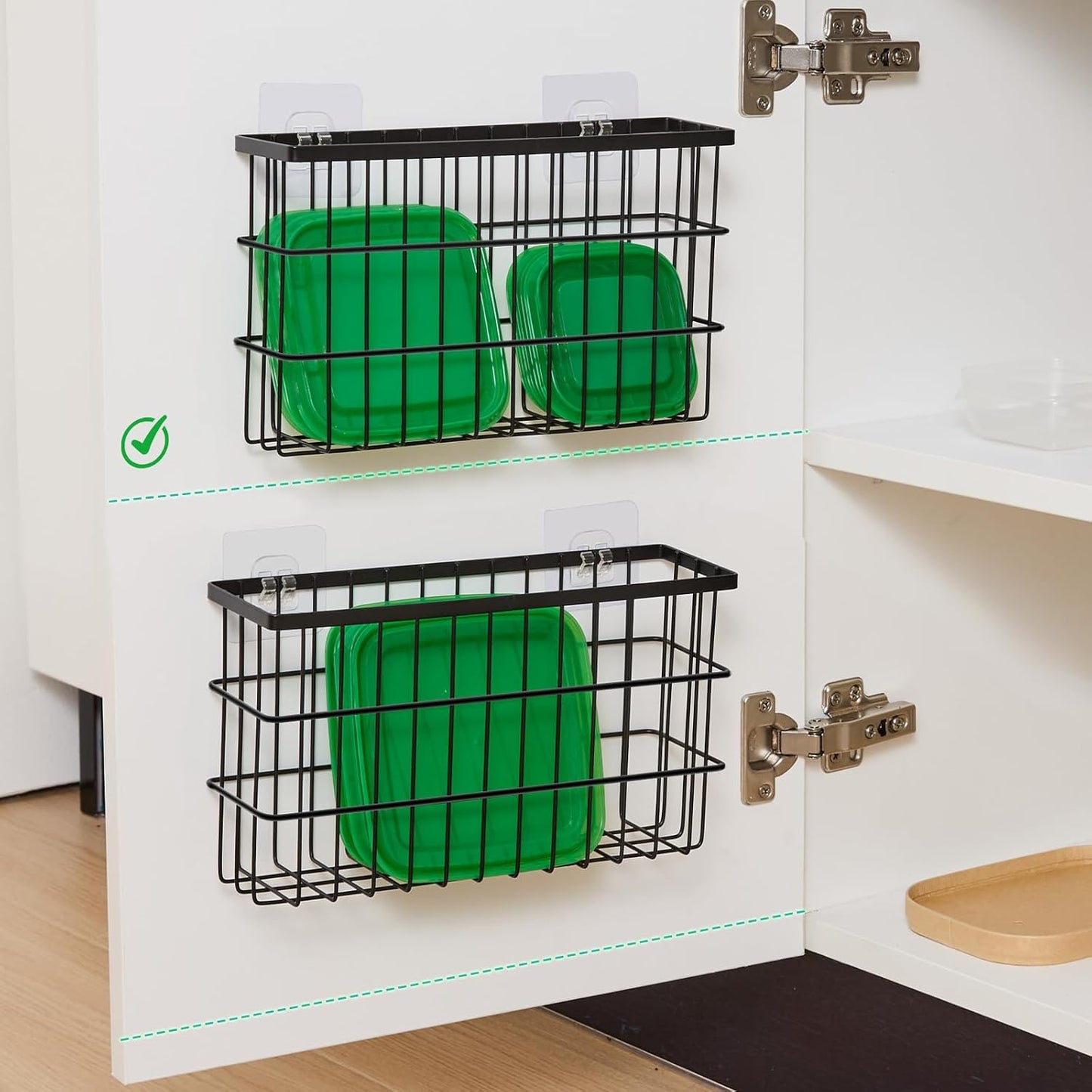 2 Pack Cabinet Door Organizer,Self Adhesive Lid Organizers Inside Cabinet Storage Boxes,Hanging Storage Basket Organizer Wall Mounted Pantry Caddy Cup Holder for Kitchen,Fridge,Bathroom