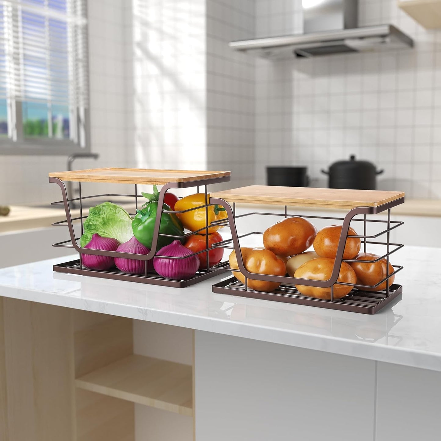 2 Pack Stackable Wire Storage Basket with Bamboo Lip