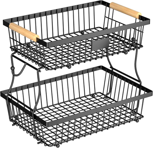 2 Tier Fruit Basket for Kitchen Counter with 2 Banana Hangers