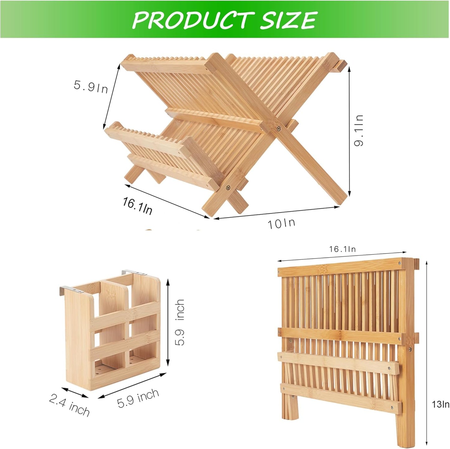 Bamboo Dish Drying Rack-2 Tier, Collapsible Small Dish Rack with Utensil Holder