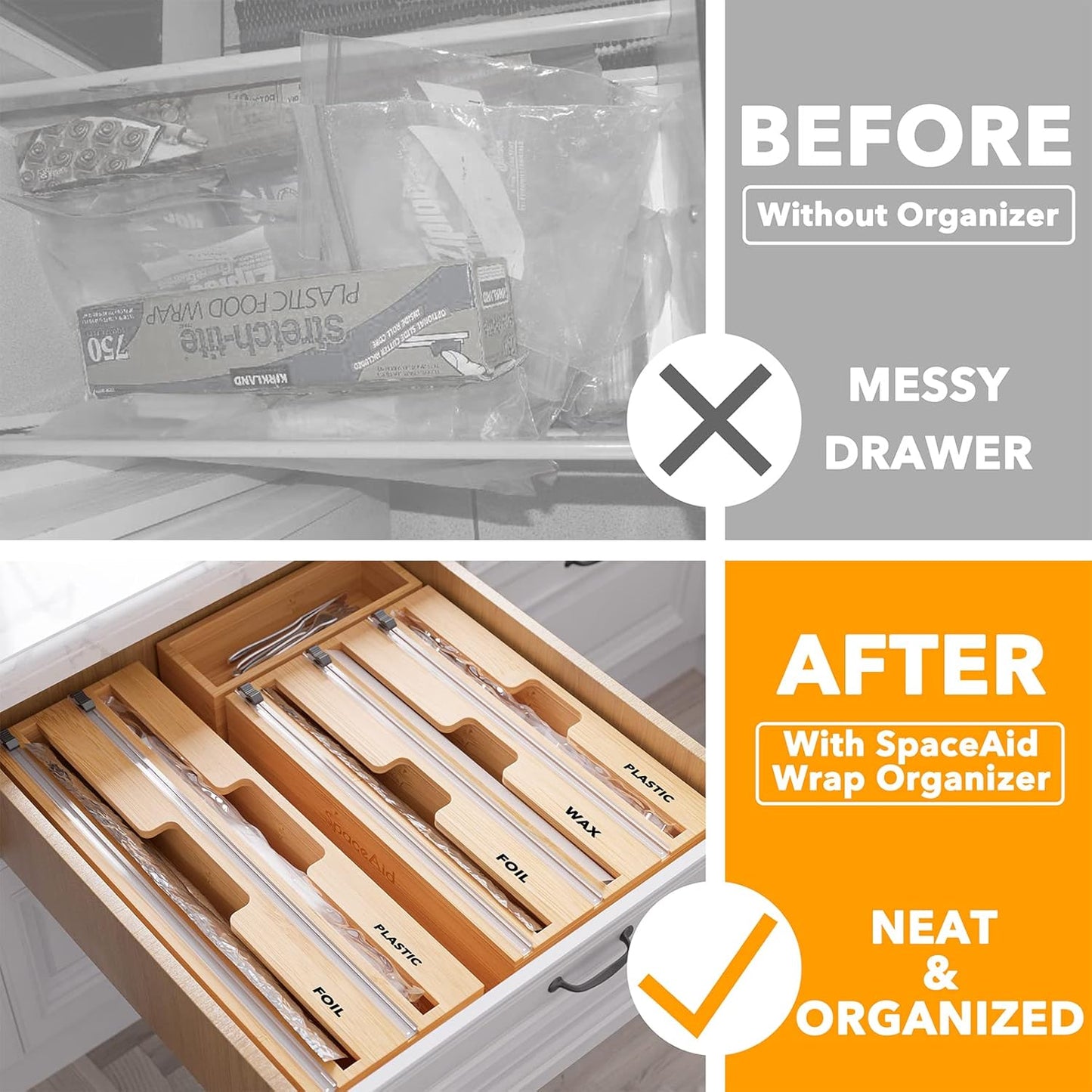 2 in 1 Long Wrap Dispenser (Need 3" Deep Drawer) with Cutter, Plastic Wrap