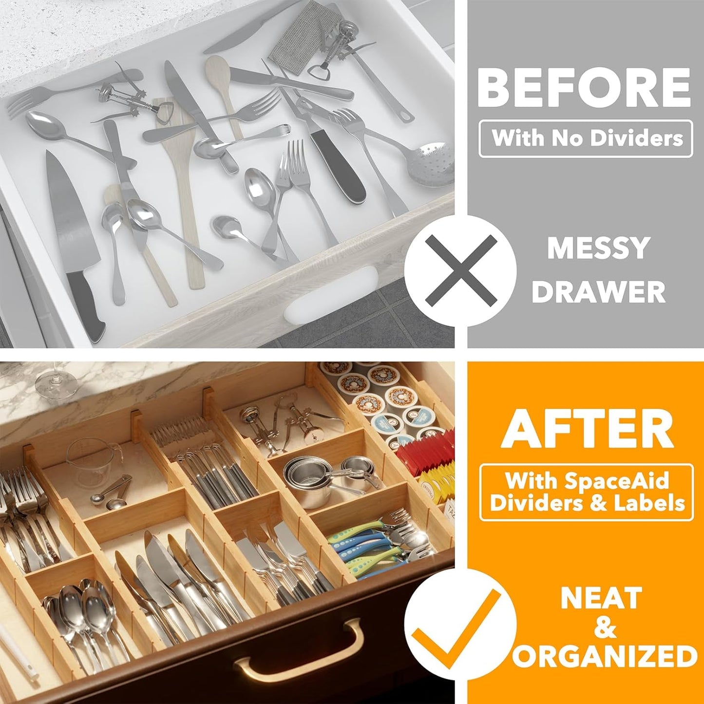 Bamboo Drawer Dividers with Inserts and Labels, Kitchen Adjustable Drawer Organizers