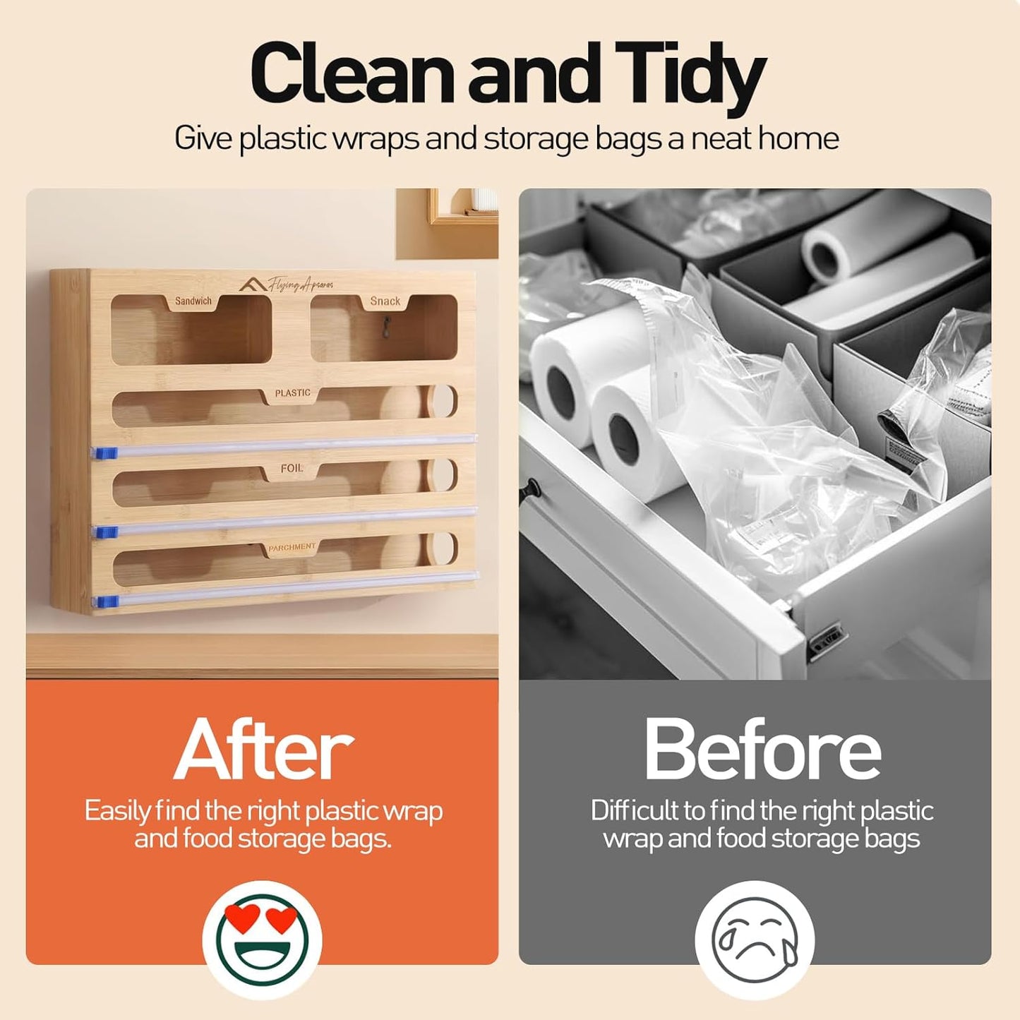 APSARAS USA 5 in 1 Bamboo Foil and Plastic Wrap Organizer for Kitchen Drawer