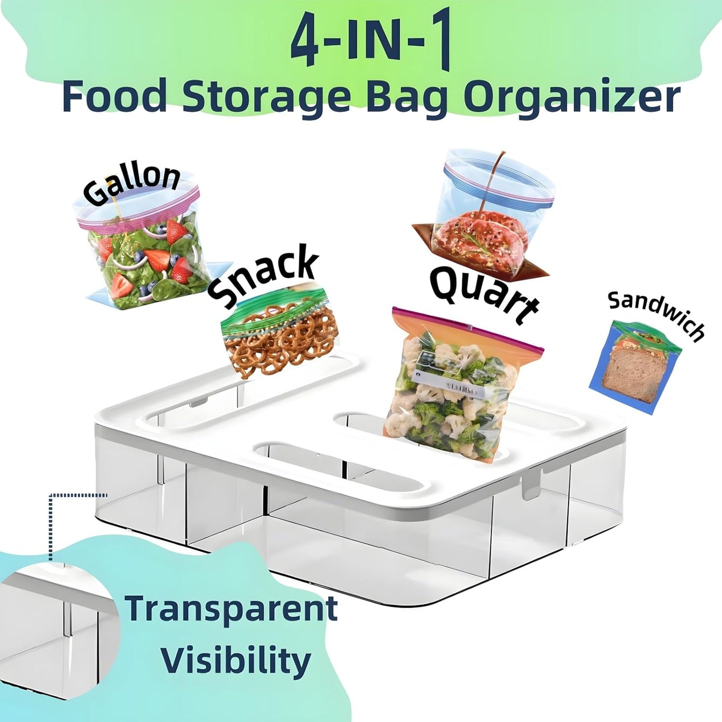 4-in-1 Food Storage Bag Organizer, Kitchen Drawer Plastic Bag Organizer