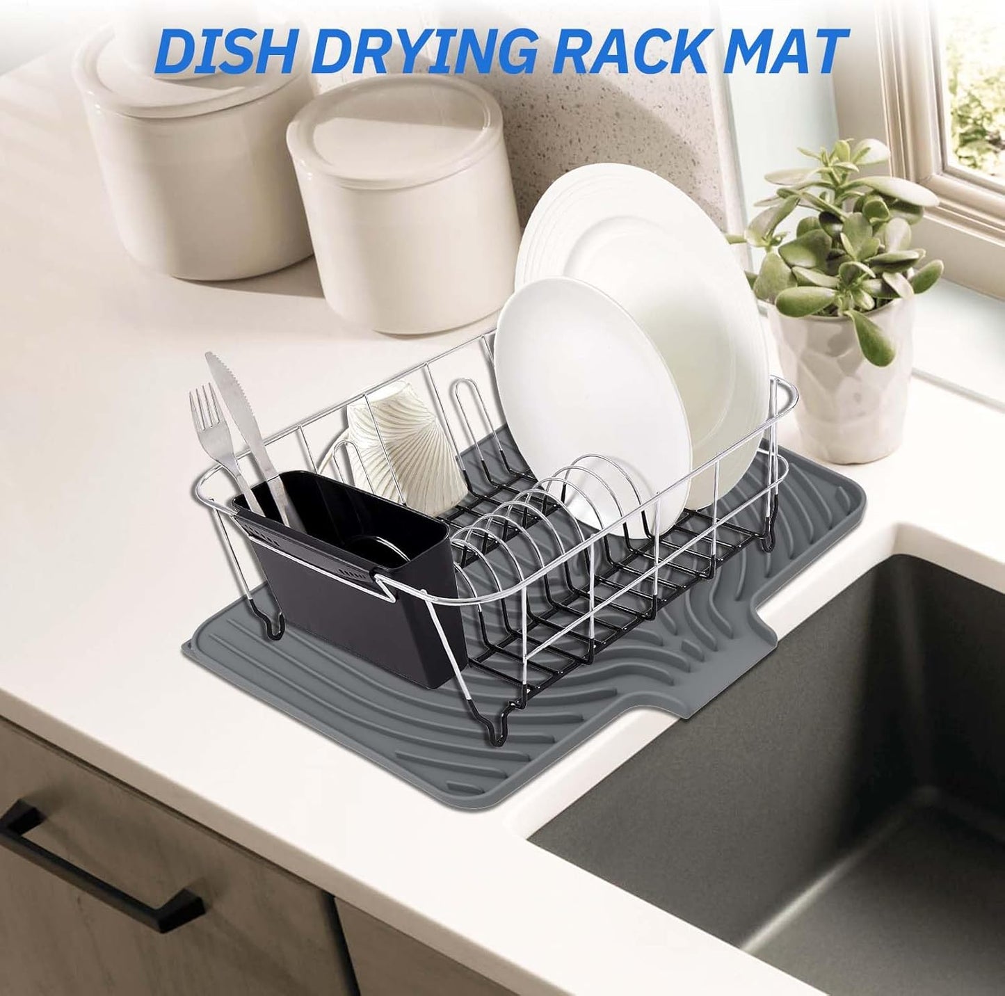 Dish Drying Mat for Kitchen Counter, with Built-in Drain Lip, 18x11.8 inch, Food-Grade Silicone