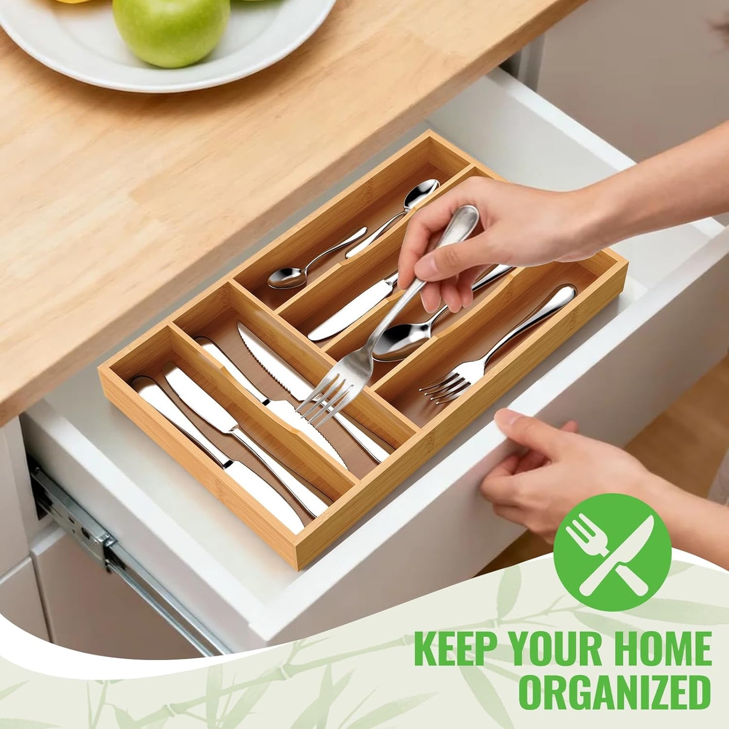 Bamboo Silverware Organizer, Bamboo Kitchen Drawer Cutlery Organizer, Utensil Holder