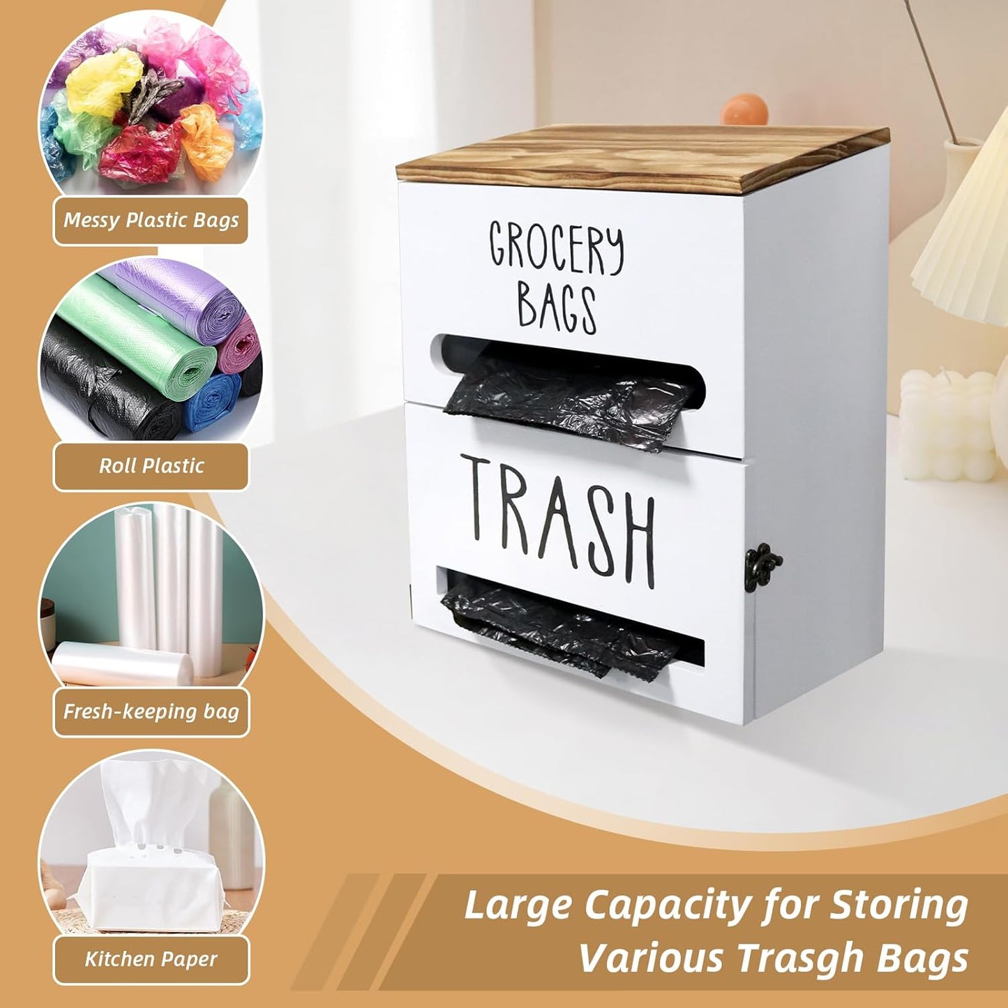 2 in 1 Trash Bag Dispenser, Double Wall Mounted,Wood Trash Bag Holder, used in kitchen, garage