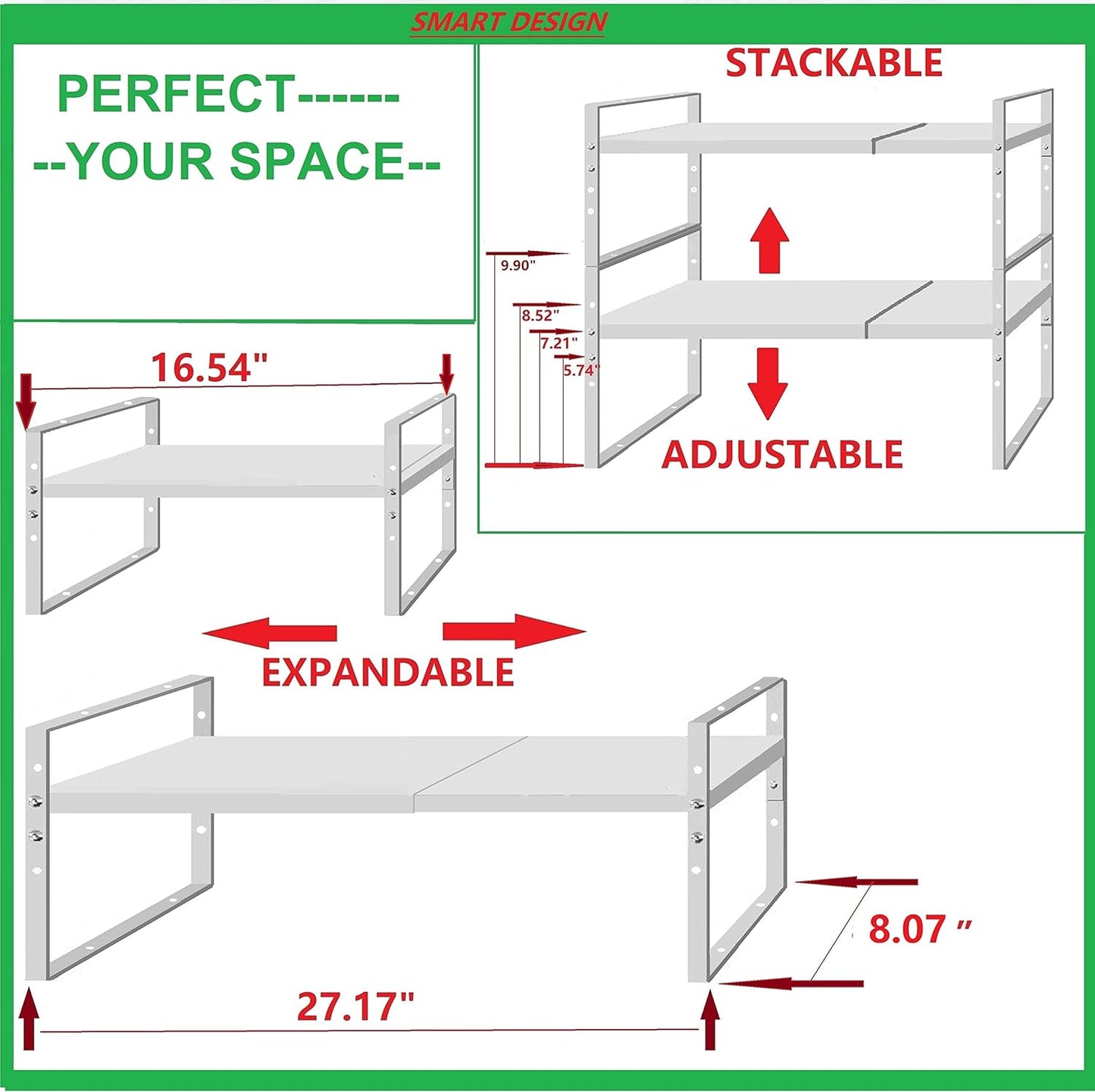 Expandable Stackable Spice Rack Cabinet Shelf Organizer in Cabinets Shelves Kitchen Cupboard Organization Stack up Racks Pantry Countertop Storage Medium/White 1 Pack