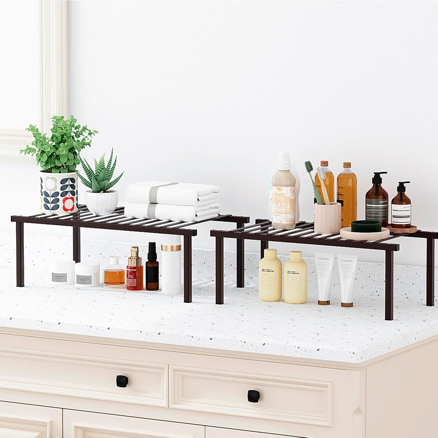 Set of 4 Expandable Kitchen Cabinet Organizer Shelf Kitchen Counter Shelves Spice Rack Kitchens Storage Wire Shelf Adjustable Metal Pantry Storage for Plate Dish, Brown