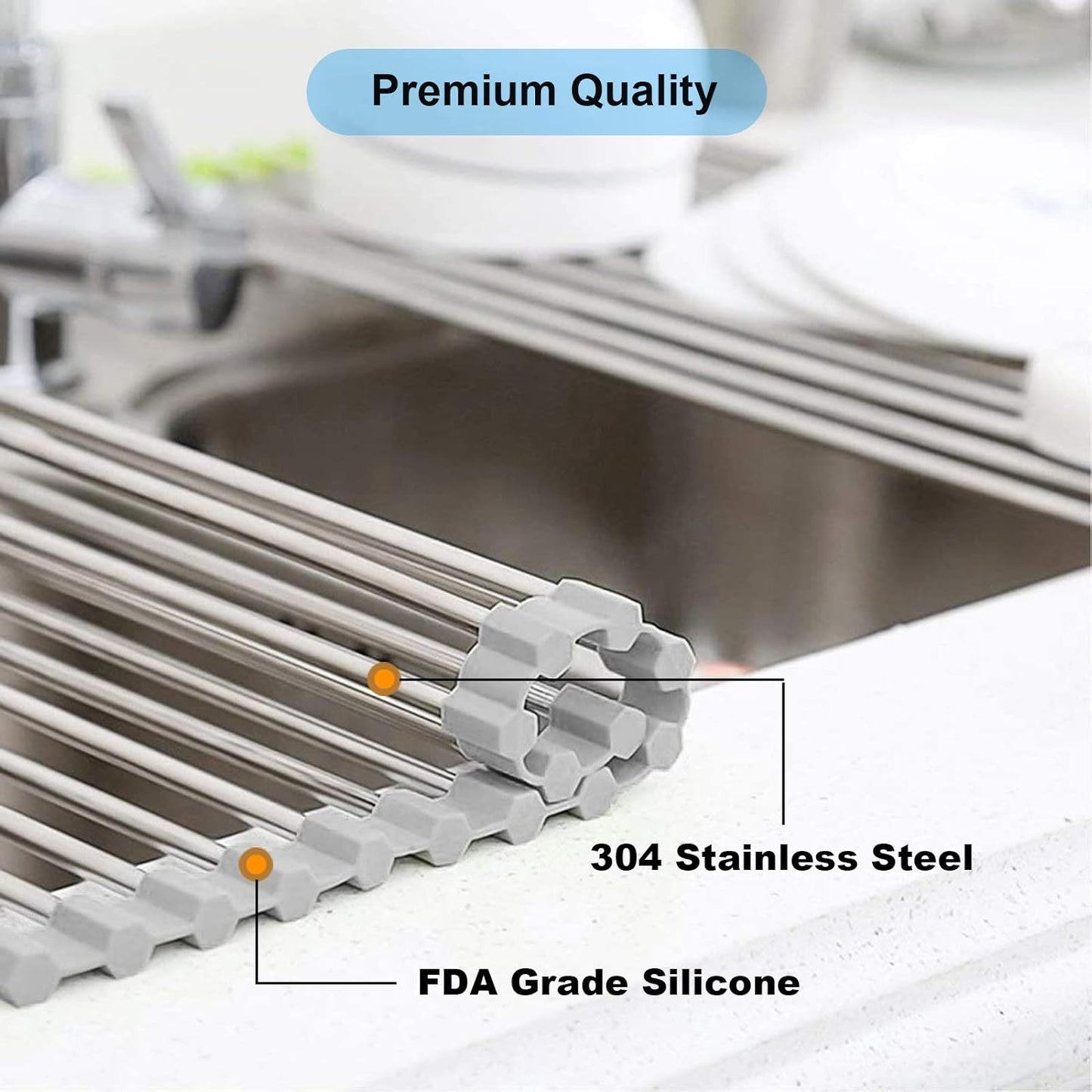 Over the Sink Dish Drying Rack, Searik Roll up Sink Dish Drainer Rack Foldable Kitchen Stainless Steel Dish Rack Sink Drying Rack (17.7” x 11.8”)