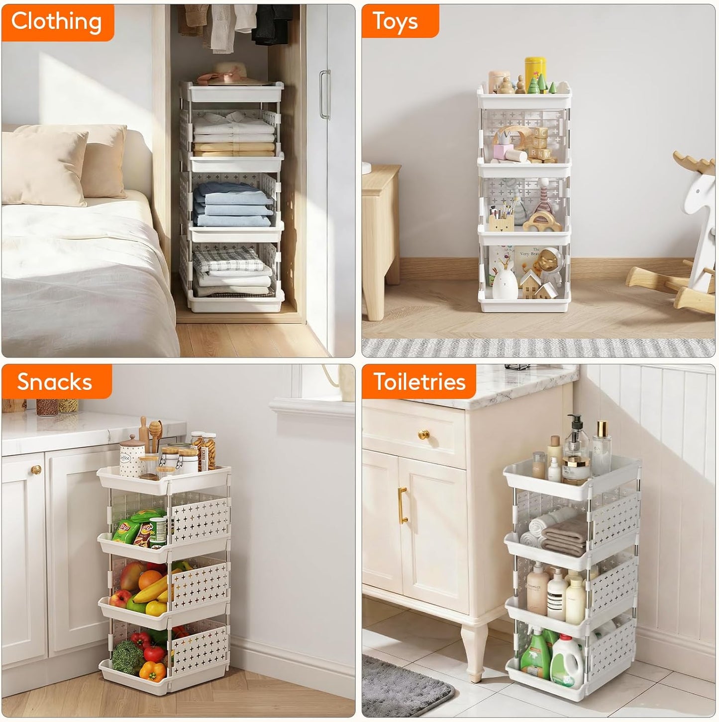 Plastic Stackable Storage Baskets, 4 Tier Stacking Bins for Food and Clothes