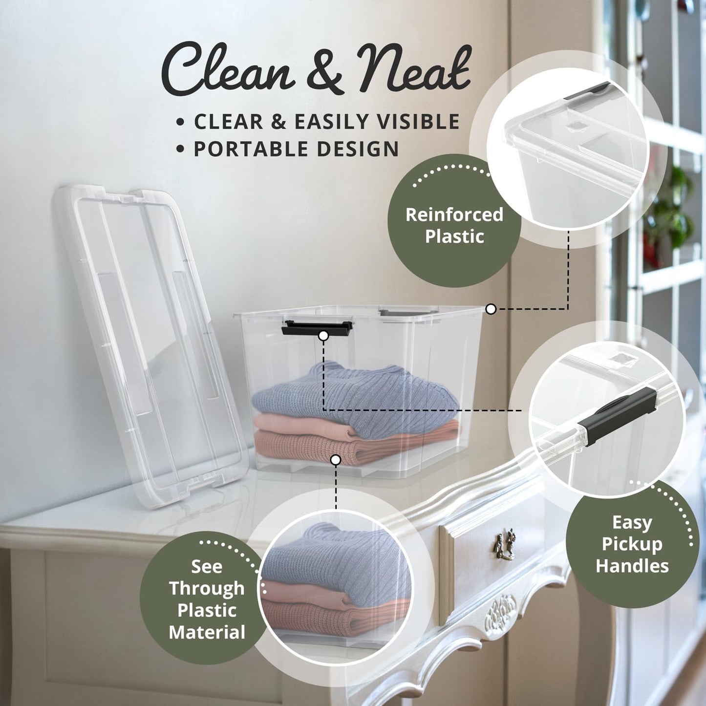 6 PACK 34 Qt. Plastic Storage Bin Tote Organizing Container with Ultra Durable Lid & Secure Latching Buckles Stackable Extra Strength Clear w/Black Handle
