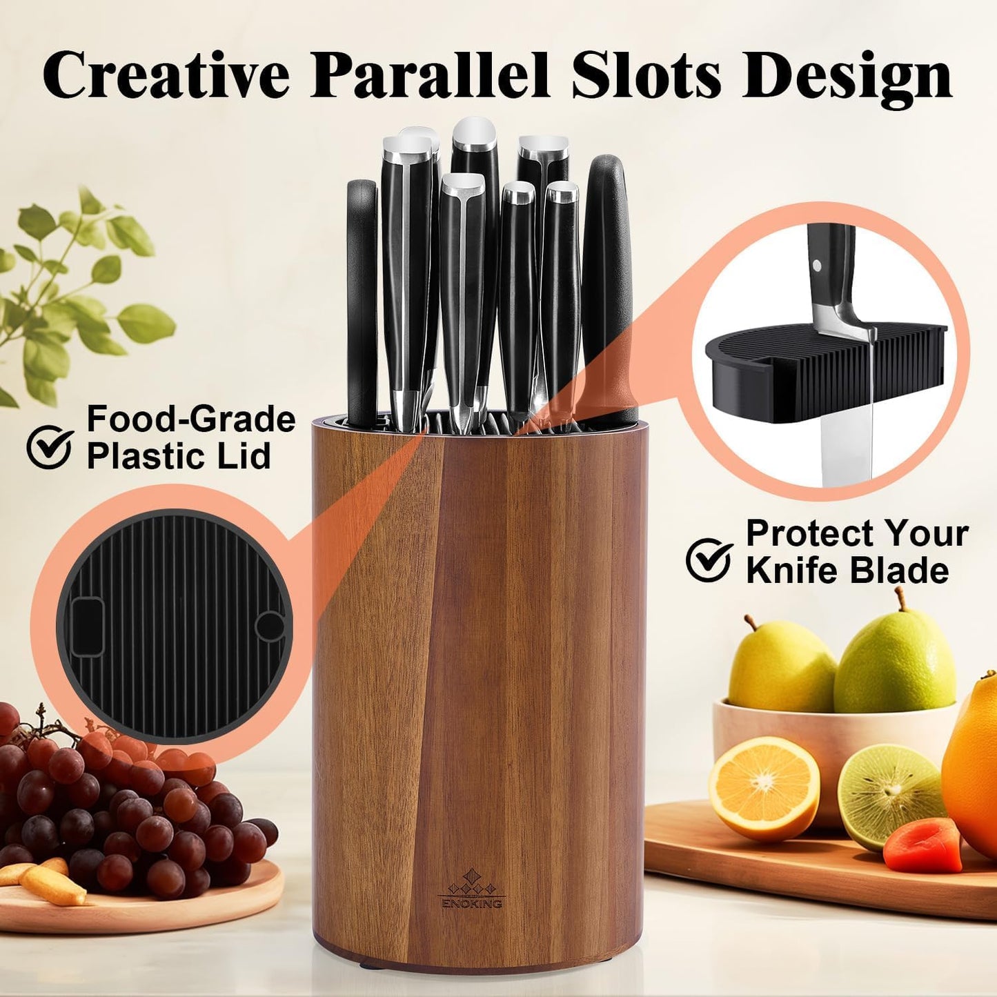 Universal Knife Block Holder with Plastic Lid, Acacia Wood Knife Block without Knives for Scissors
