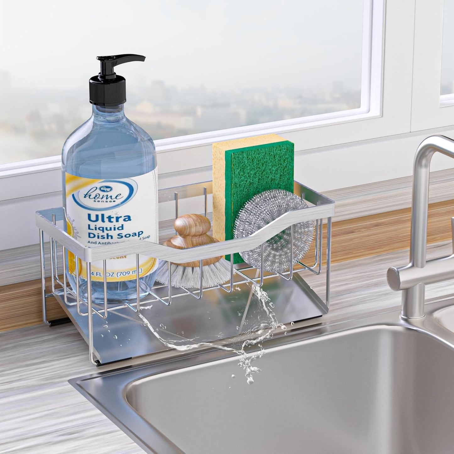 Sponge Holder for Kitchen Sink with Auto Draining Tray, Sink Caddy Kitchen Sink Cocina Organizer
