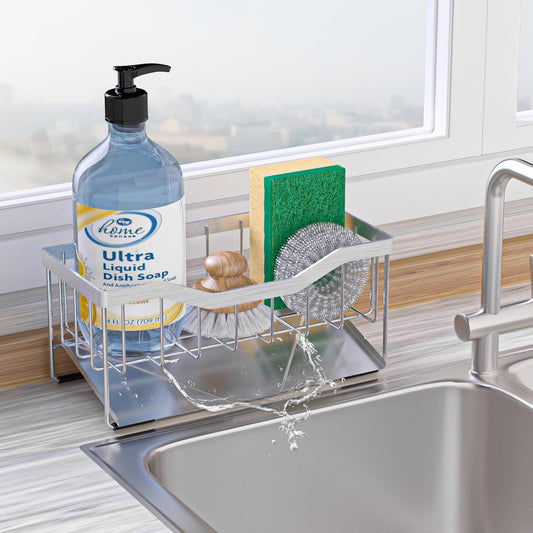 Sponge Holder for Kitchen Sink with Auto Draining Tray, Sink Caddy Kitchen Sink Cocina Organizer