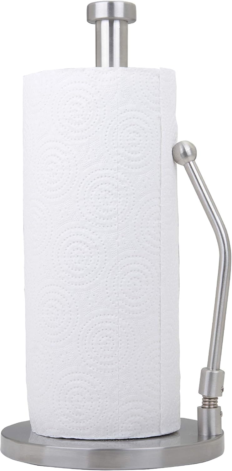 Stainless Steel Paper Towel Holder with Tension Arm – Weighted Countertop Stand, One-Hand Tear