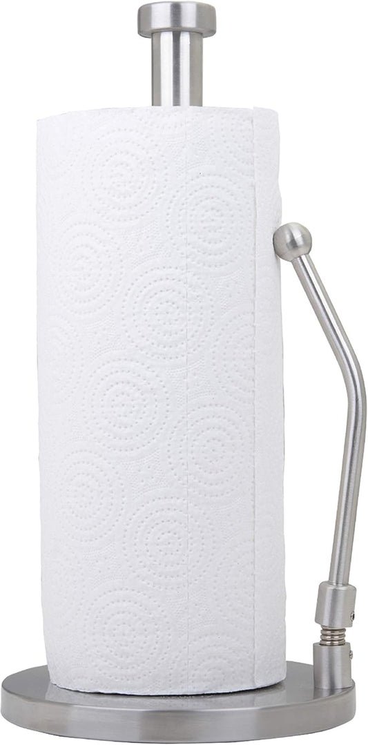 Stainless Steel Paper Towel Holder with Tension Arm – Weighted Countertop Stand, One-Hand Tear