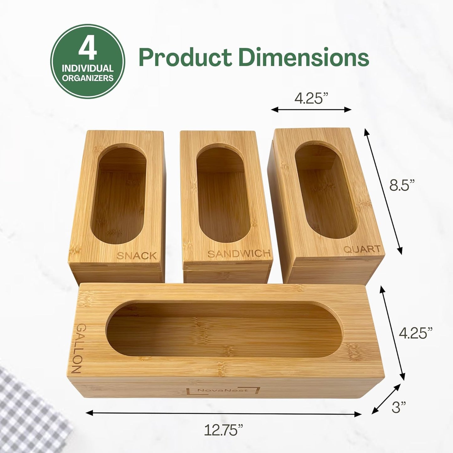 4PCS Bamboo Storage Bag Organizer Set Multi-Use Baggie Organizers for Gallon, Quart, Sandwich