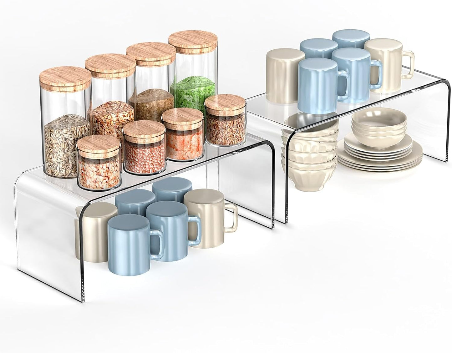 Clear Cabinet Shelf Organizers, 2 Pack Shelf Risers Kitchen Cabinets, Spice Rack for Dishes