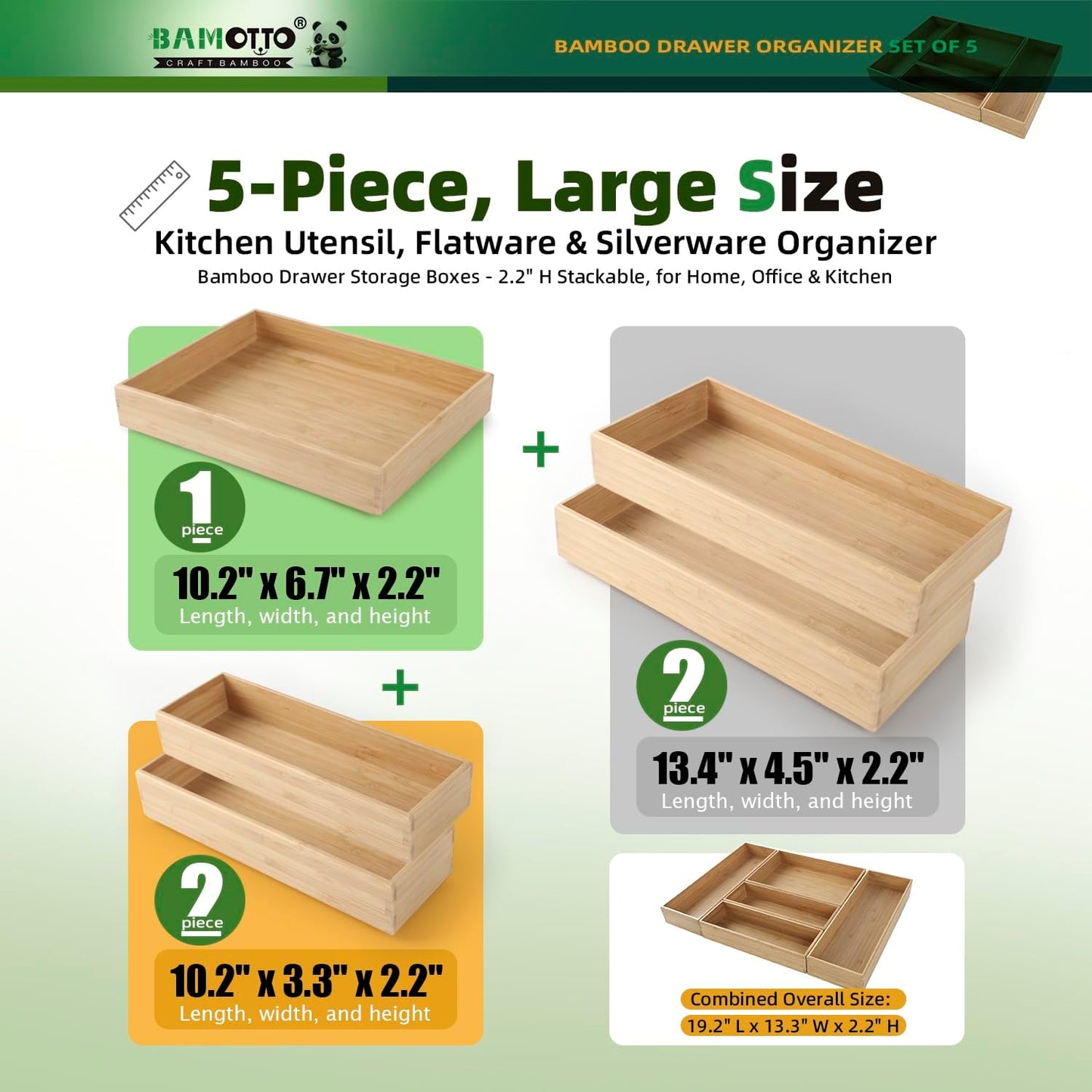 Stack Bamboo Drawer Organizer Set of 5, Kitchen Utensil