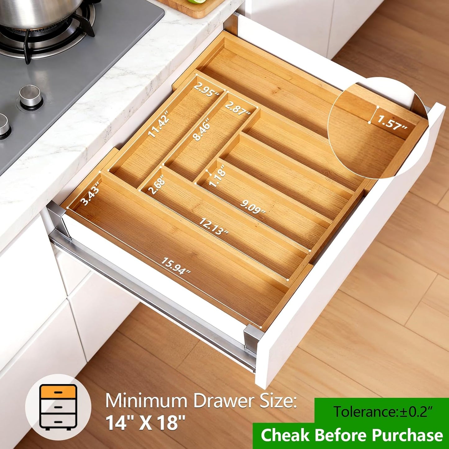 Bamboo Expandable Silverware Drawer Organizer, Adjustable Kitchen Utensil Tray for Forks