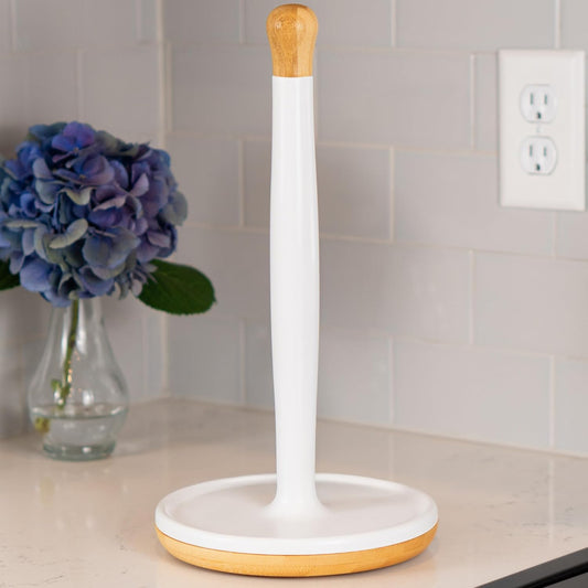 DAILY RITMO® White Countertop Papertowel Holder | Aesthetic Resin Marble & Ceramic Like with Modern Bamboo Wooden Weighted Base & Wood Top