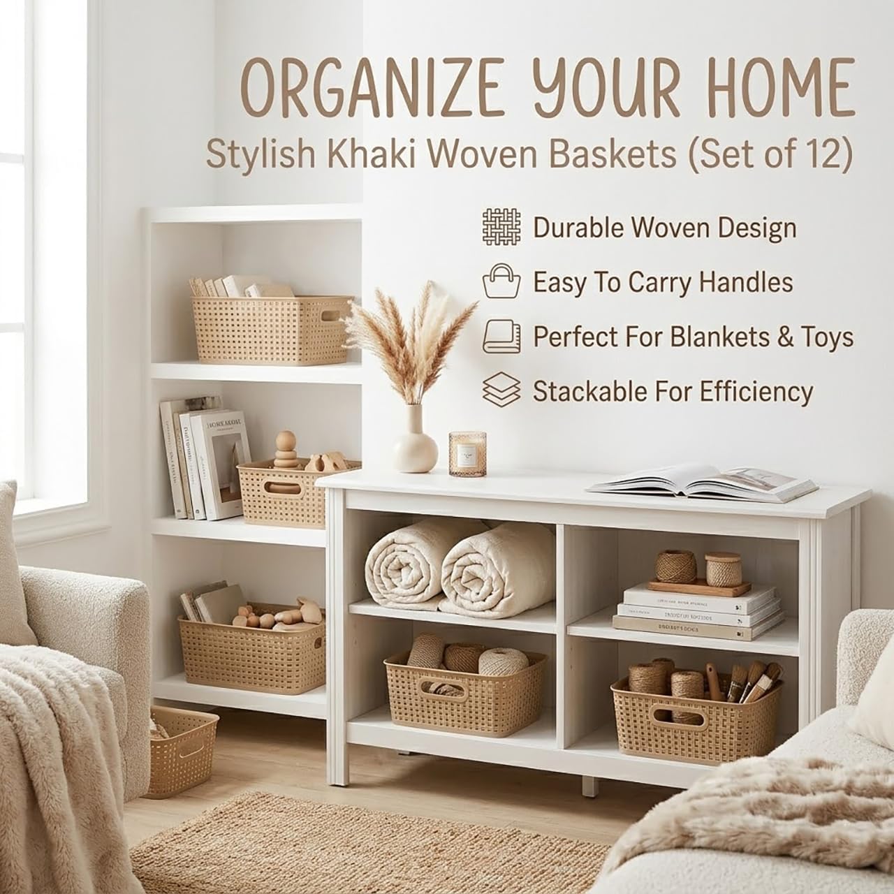 Khaki Stackable Storage Baskets, Plastic Weave Basket Organizer and Storage Set of 12