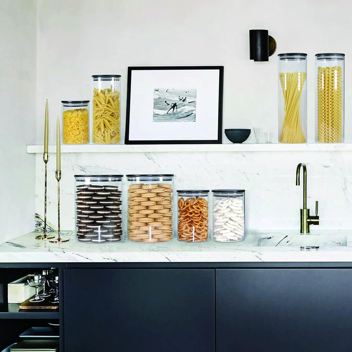 Glass Jars with Black Bamboo Lids, Food Storage Containers with Airtight Black Lids