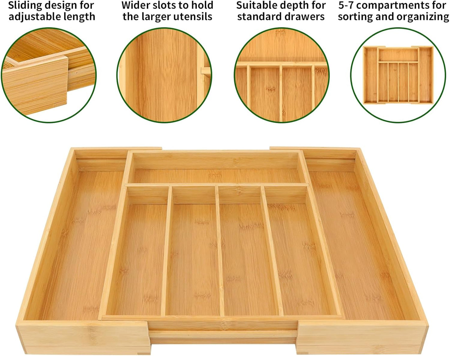 Bamboo Drawer Organizer, Expandable Silverware Drawer Organizer