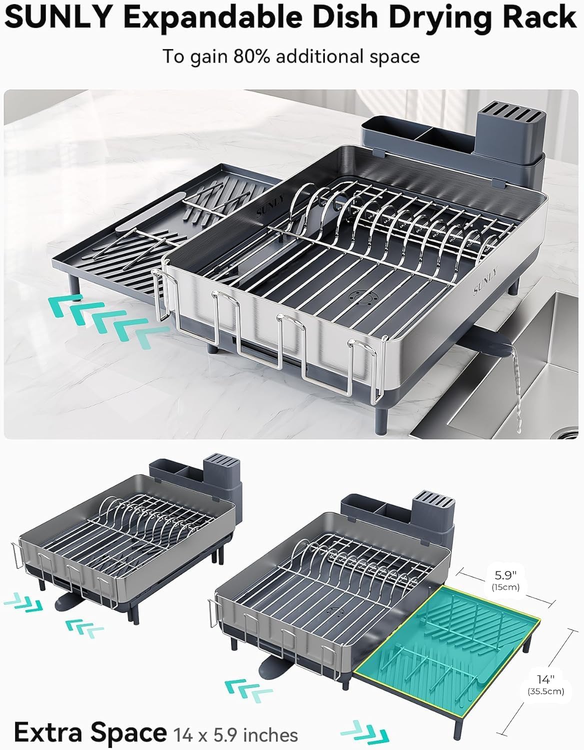 Large Dish Drying Rack, Expandable Dish Racks for Kitchen Counter