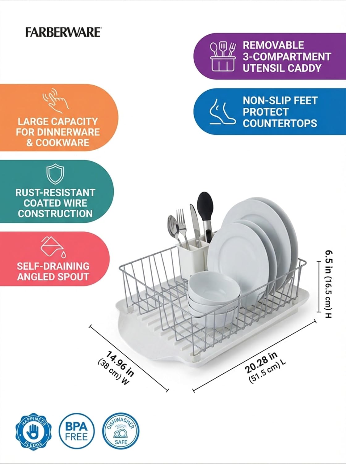 Classic Large Rust Resistant Full Dishrack with Removable 3 Compartment Flatware Caddy