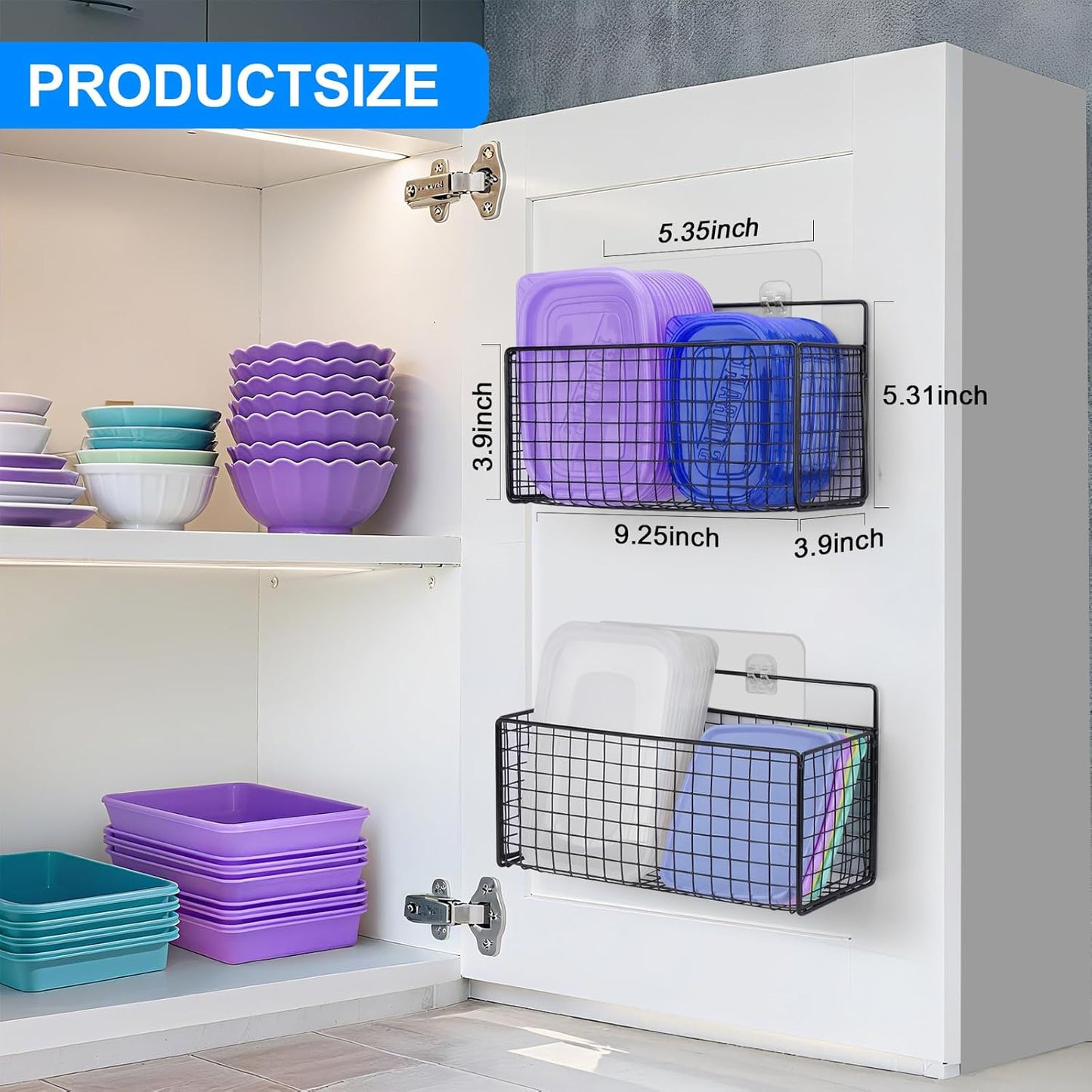 2 Pack Large Adhesive Cabinet Organizer - Lid Organizer Inside Cabinet Wall Mounted Pantry Door Caddy for Kitchen Containers Lid Kitchen Under Sink Basket