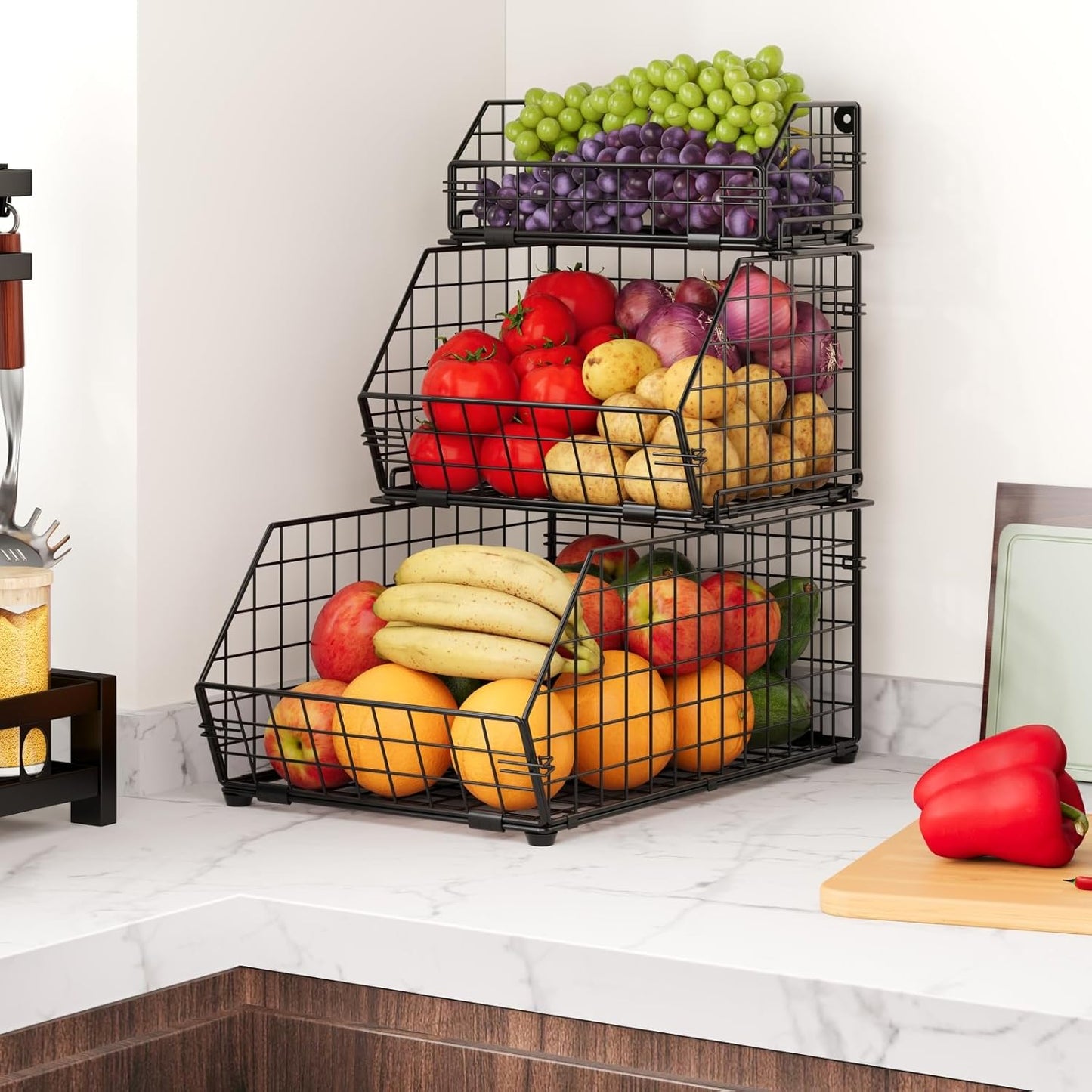 3-Tier Fruit Basket for Kitchen Counter, Stackable Wire Baskets Wall