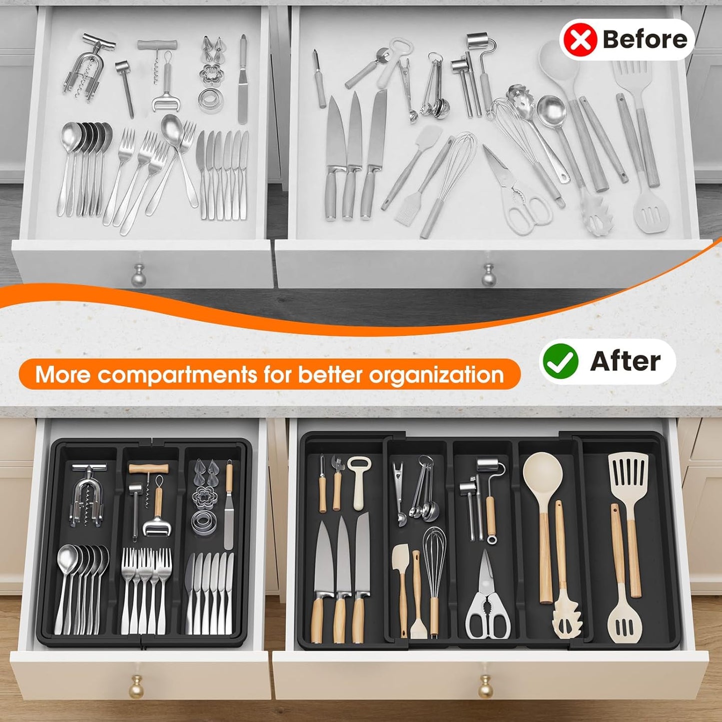Large Silverware Organizer, Expandable Utensil Drawer Organizer for Kitchen Drawers