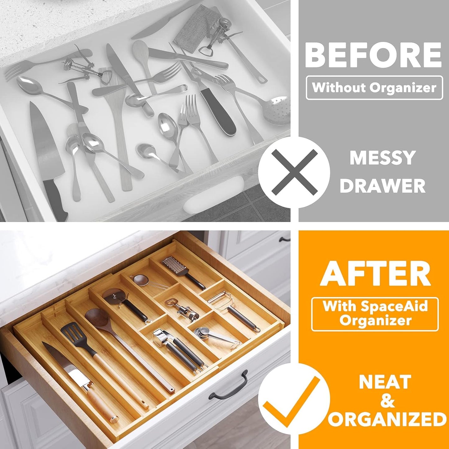 Bamboo Utensil Drawer Organizer with Labels