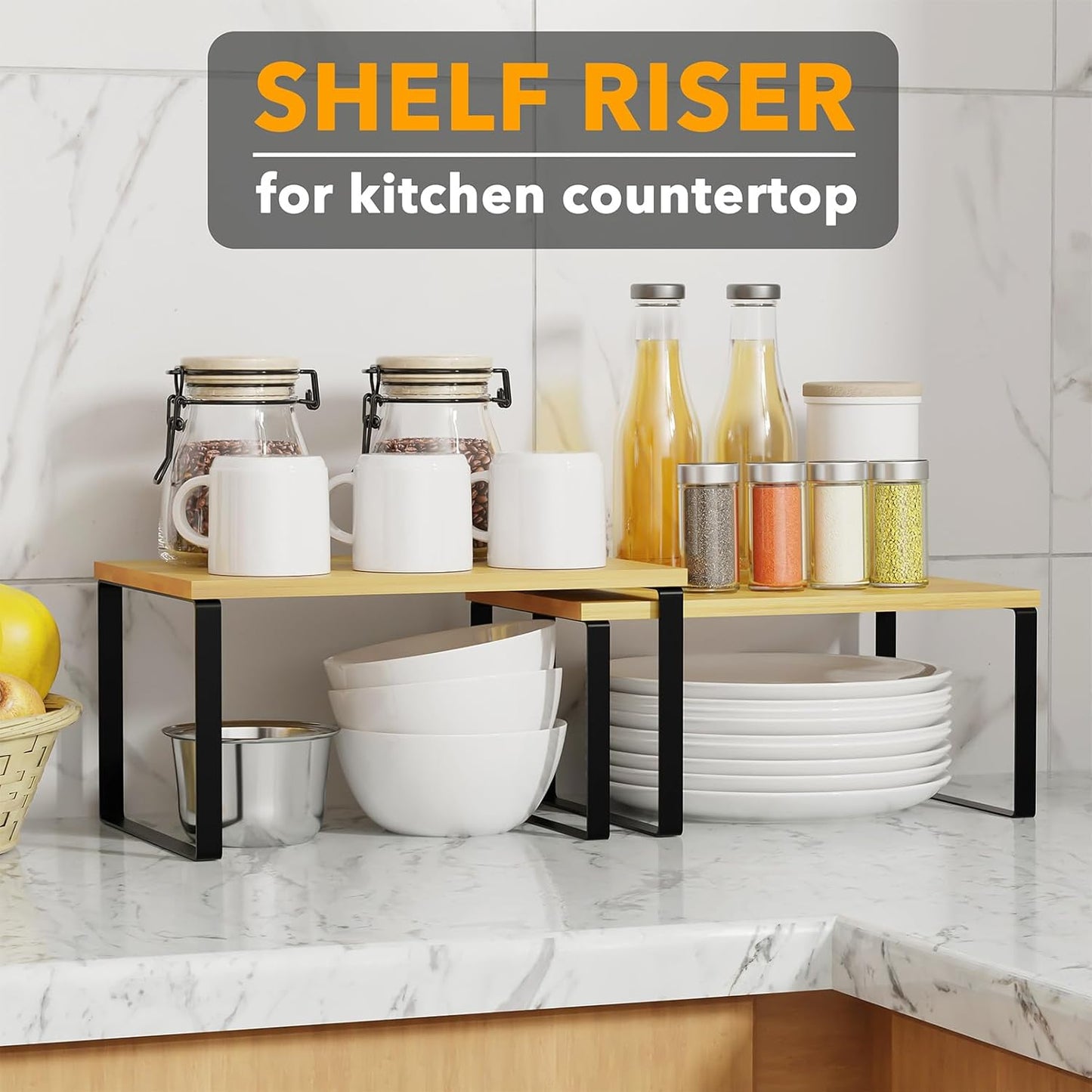 Cabinet Shelf Organizers 2 Pack, Kitchen Counter Rack Shelves Riser