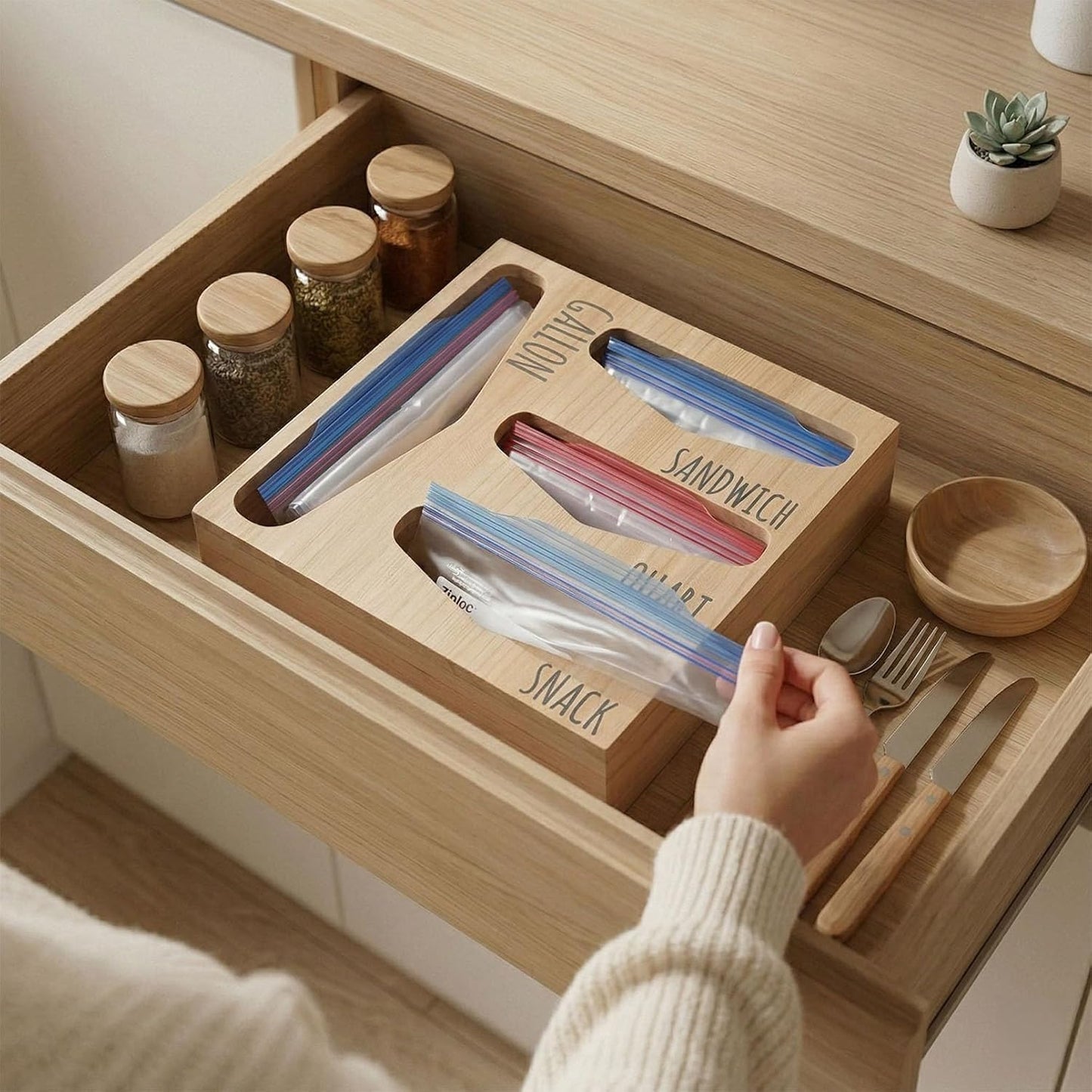 Bag Storage Organizer for Kitchen Drawer, Wooden Farmhouse Style Bags Organizer