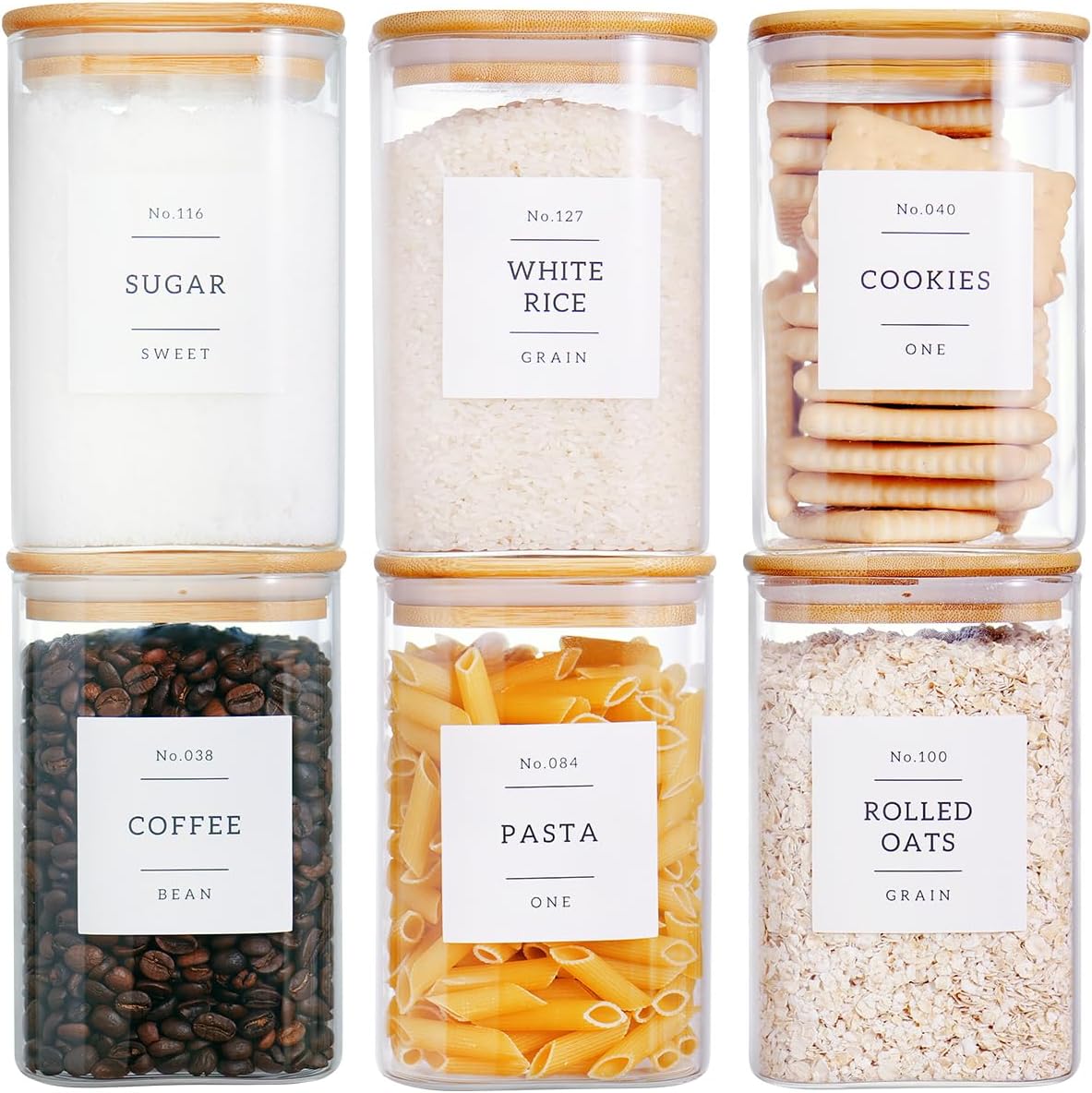 6 Pack Square Kitchen Storage Jars with Airtight Bamboo Lids and 132 Pantry Labels