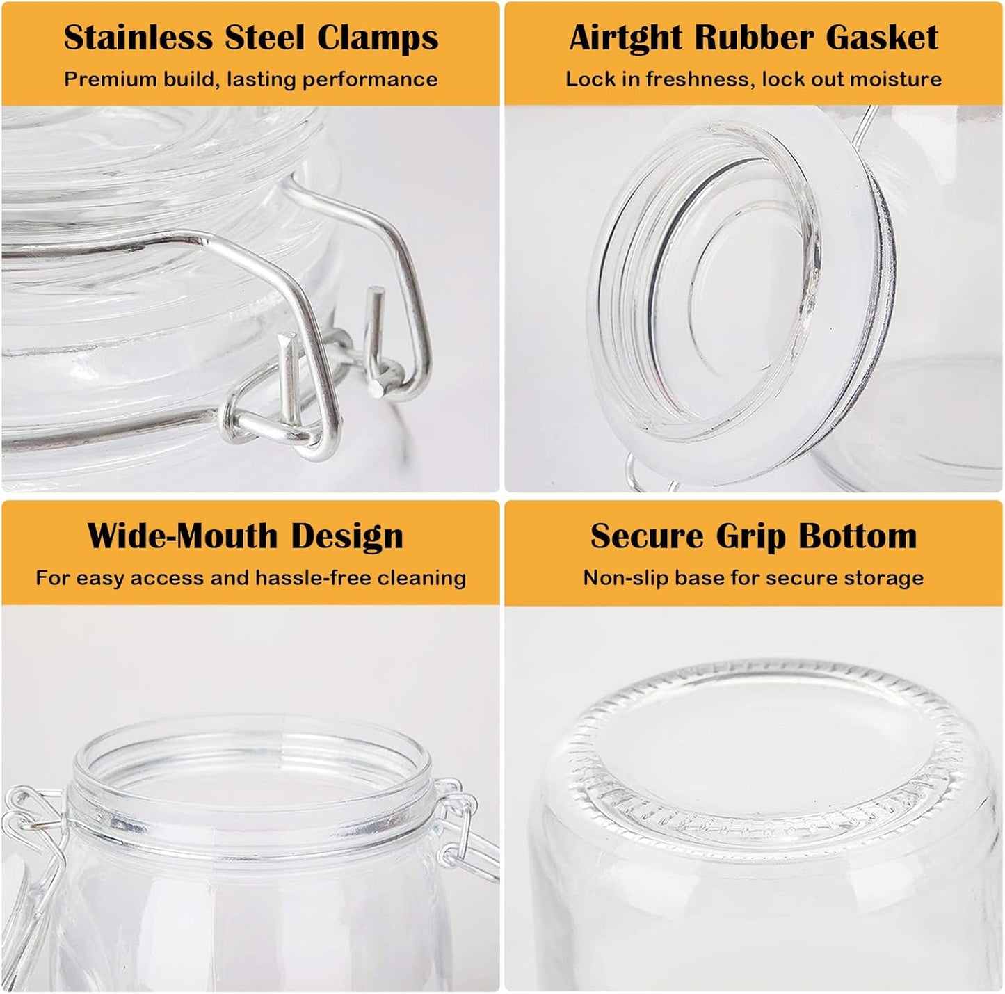 Glass Kitchen Storage Canister Mason Jars with Lids,32oz Airtight Glass Canister with Hinged Lid，Perfect for Kitchen Canning Cereal,Pasta,Sugar,Beans (Labels & Chalk Marker)-Set of 4